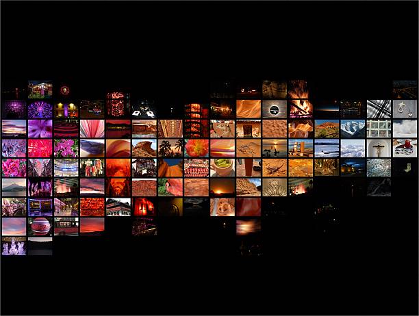 Multi image collage background A variety of travel, scenery and pattern images transitioning in a multi colour band from purple through to white on a black background. mosaic stock pictures, royalty-free photos & images