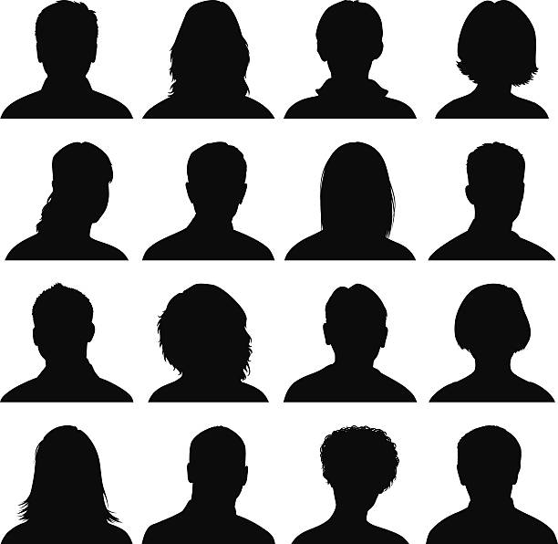 Set 16 siluet kepala hitam orang-orang dengan latar belakang putih. Ada pria, wanita dan remaja. Untuk digunakan dalam gambar profil default. Vektor mudah diubah ukurannya.