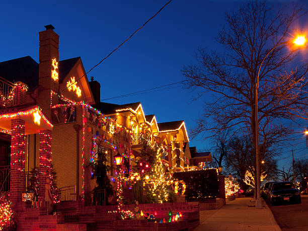 Luxury Brooklyn Houses with Christmas Lights at sunset, New York. stock photo