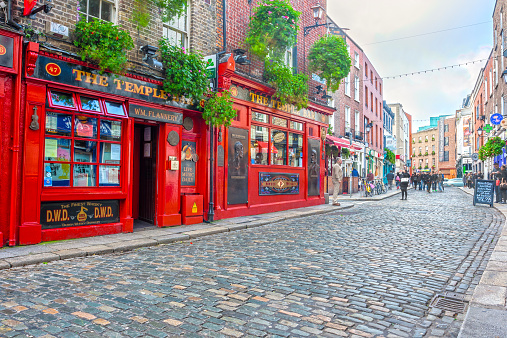 Dublin, Ireland - Oct 19, 2014: People around The Temple Bar in Dublin, Ireland on October 19, 2014