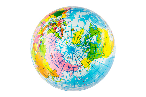 Northern hemisphere view of plastic toy globe ball.