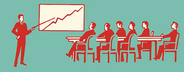 Vector illustration of Man Leading Meeting and Pointing to a Line Chart