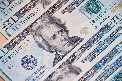 Macro of image the face of Andrew Jackson on the Twenty American Dollar Bill.