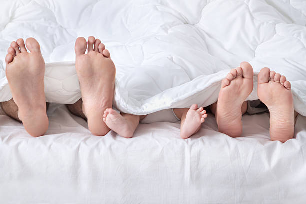 Feet of a family sticking out from the white quilt Feet of a family sticking out from the quilt bed human foot couple two parent family stock pictures, royalty-free photos & images