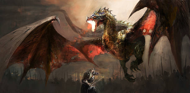 knight fighting dragon fantasy scene knight fighting dragon giant fictional character illustrations stock illustrations
