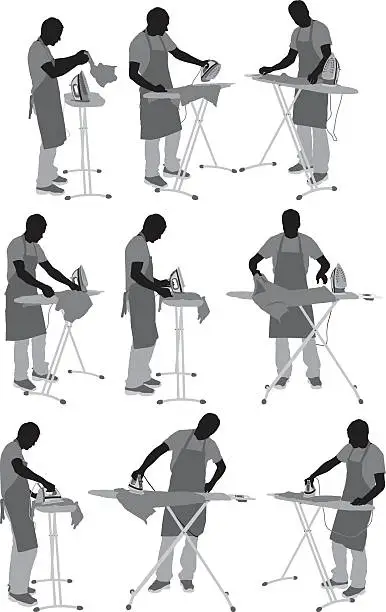 Vector illustration of Various actions of man ironing
