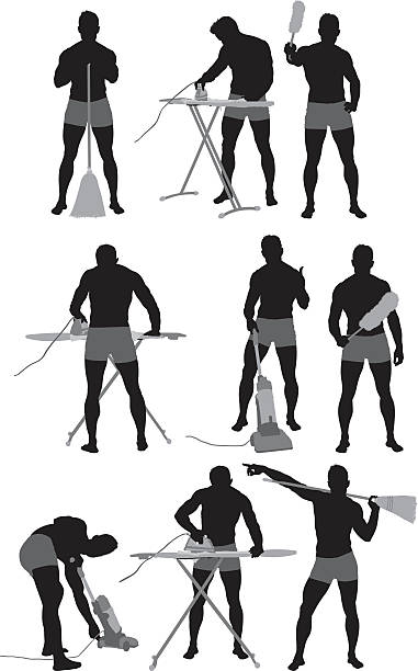 bez koszulki człowiek wykonywania różnych prac domowych - muscular build white background men shirtless stock illustrations