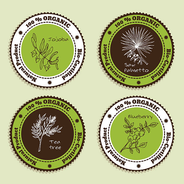 Set of Natural Organic Product badges Set of Natural Organic Product badges. Collection of Herbs. Labels for Essential Oils and Natural Supplements. Saw palmetto, Tea tree, Blueberry, Jojoba  saw palmetto stock illustrations
