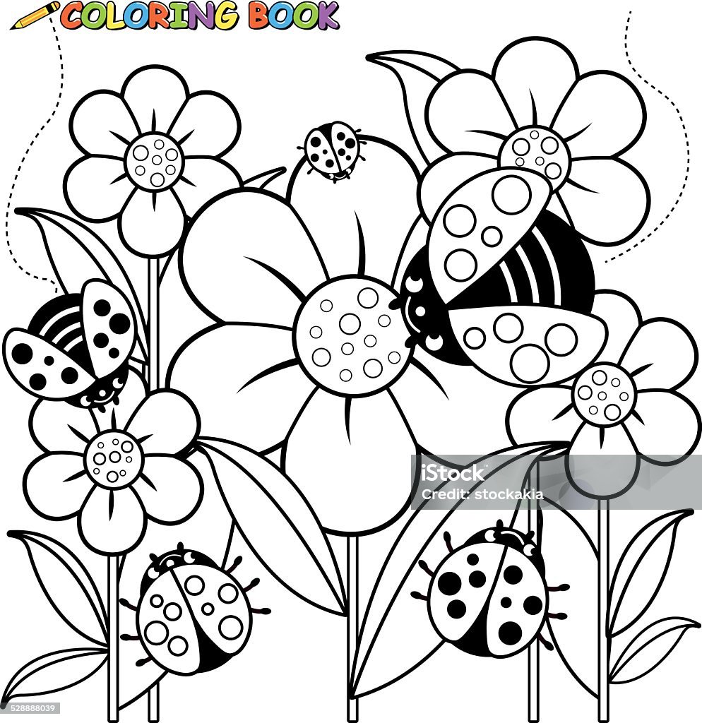 Coloring book page ladybugs and flowers Vector Illustration of a black and white outline image of ladybugs flying on flowers in springtime. Flower stock vector