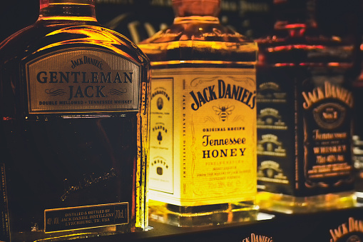 Zagreb, Croatia - April 7, 2016: Bottles of Jack Daniel's whiskey on a display shelves.