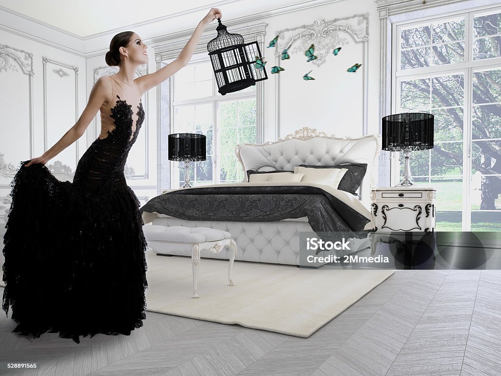 Beautiful girl in a classic room Beautiful girl in a classic room with butterflies. 3d rendering Adult Stock Photo