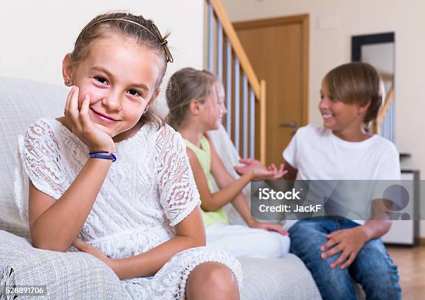 First Amorousness Girl And Couple Of Kids Apart Stock Photo - Download Image Now - Apartment, Arguing, Boys