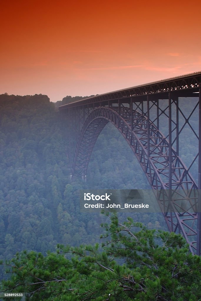 New River Gorge Bridge Sunset A huge arch span bridge in West Virginia. Famous Place Stock Photo