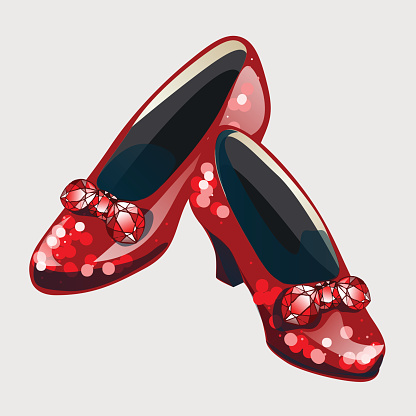 Red shoes with bow made from rubies. Stylish womens shoes