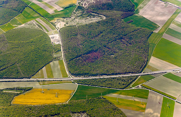 view of agricultural landscape with highway at vienna aerial view of agricultural landscape with highway at vienna vienna woods stock pictures, royalty-free photos & images