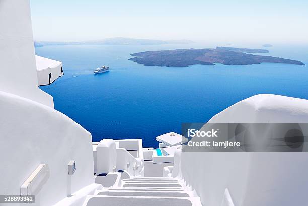 White Staircases And Mediterranean Sea View On Santorini Greece Stock Photo - Download Image Now