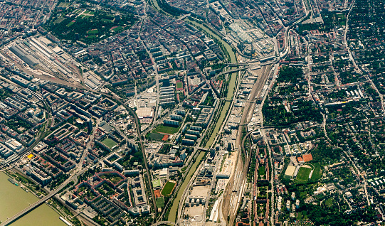 aerial of suburban areas of Vienna with river Danube
