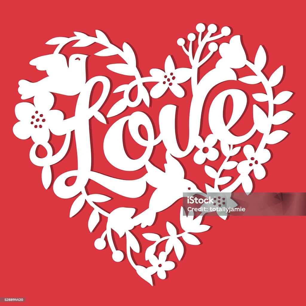 Vintage Paper Cut Love Floral Heart Lace This image is a vintage paper cut style love floral heart lace. The heart lace is composed of flowers, leaves, vines, birds, and love phrase. The heart is white in colour set against a red background. Arts Culture and Entertainment stock vector