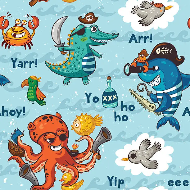 Vector illustration of Seamless pattern with underwater pirates, crocodile, octopus, shark, crab