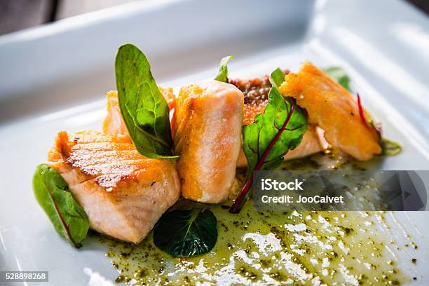 Plate Of Salmon And Arugula Stock Photo - Download Image Now - Gourmet, Food, Cooked