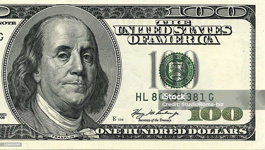 One hundred dollar bill macro shot. One hundred dollar bill macro shot. Benjamin Franklin as depicted on the bill. American One Hundred Dollar Bill Stock Photo