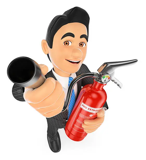 Photo of 3D Businessman with a fire extinguisher. Occupational risk preve