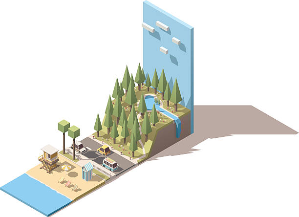 vektor isometrische meer-landschaft - isometric sea coastline beach stock-grafiken, -clipart, -cartoons und -symbole