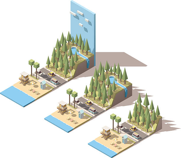 ilustrações de stock, clip art, desenhos animados e ícones de vector paisagem costeira minibarra de ferramentas - isometric sea coastline beach