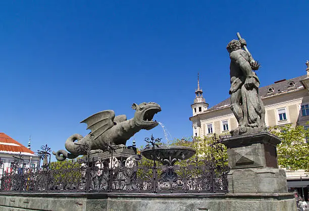 Klagenfurt dragon in city center, old monument in Austria