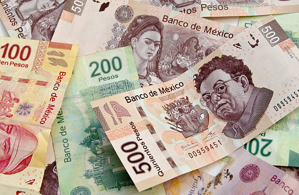 Mexican Peso bank notes background Mexican Pesos, bank notes, colorful background with diferent denominations including 500 pesos currency bills with Diego Rivera and Frida Kahlo faces. mexican currency stock pictures, royalty-free photos & images