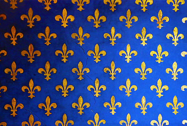 istock Blue wall with golden fleur de Lis, background 528908789