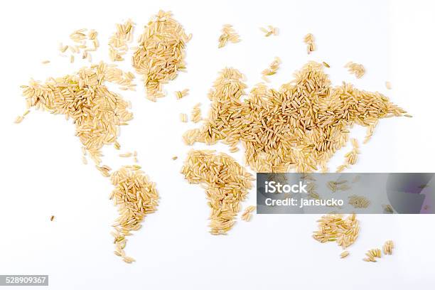 Map Of The World Made Of Natural Rice On White Stock Photo - Download Image Now - Abstract, Africa, Agriculture