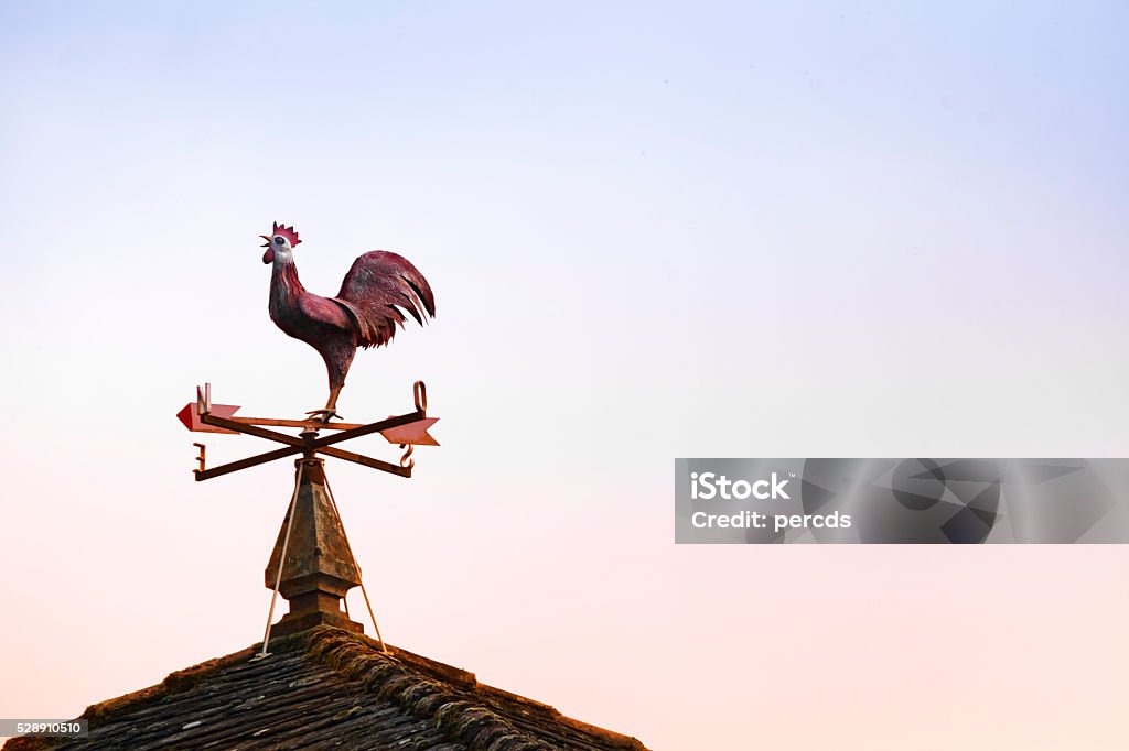 Weathervane in rooster shape, sunset background. Close up of weathervane in rooster shape on a slate roof, sunset sky in the background with copy space on the right. Rooftop Stock Photo