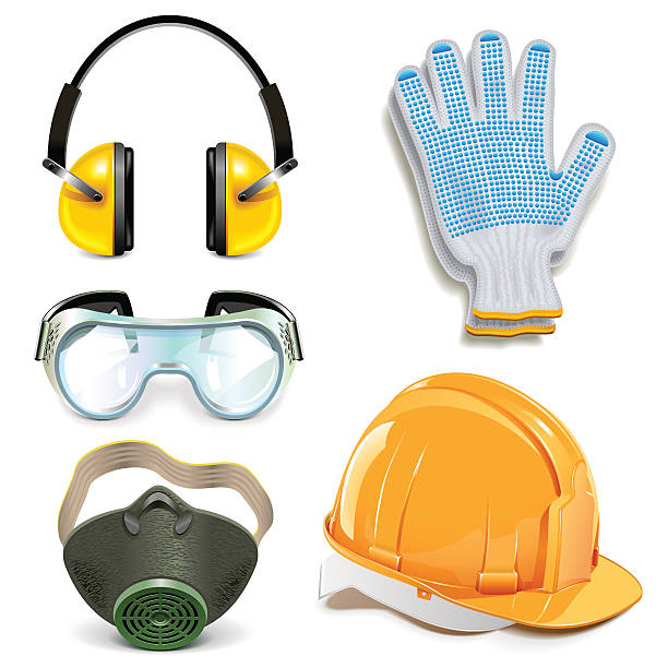 Vector Protective Equipment Vector Protective Equipment, including earphones, helmet, respirator, goggles and gloves, isolated on white background ear protectors stock illustrations