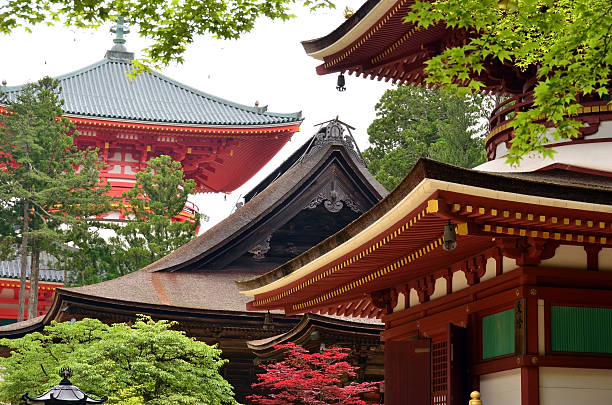 Mount Koya, Japan - June 13, 2010: Red rooftops of Garan temple complex, the center of Shingon Buddhism in Japan