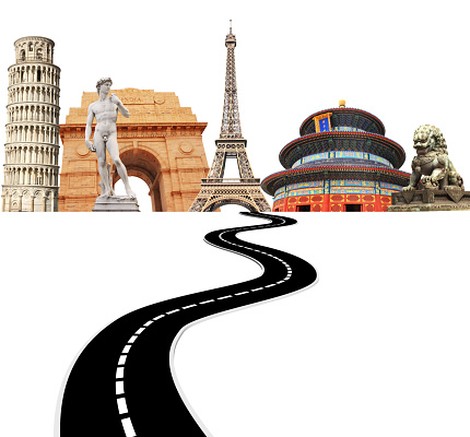 Famous monuments of the world and road. Isolated on white background.
