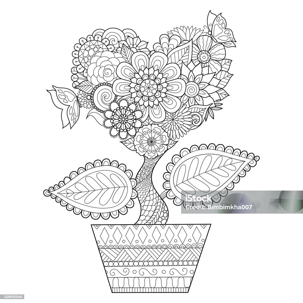 Heart tree on the pot Flowers in heart shape on a pot line art design for coloring book for adult, tattoo, T- Shirt graphic, cards and so on Coloring Book Page - Illlustration Technique stock vector