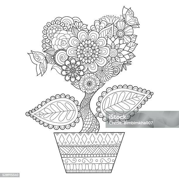 Heart Tree On The Pot Stock Illustration - Download Image Now - Coloring Book Page - Illlustration Technique, Abstract, Adult