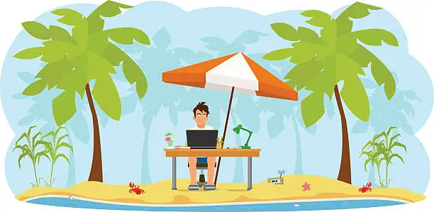 Vector illustration of beach man working on a laptop