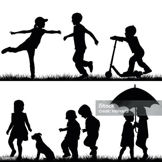 Children Silhouettes Playing Stock Illustration - Download Image Now - Child, Dog, Running