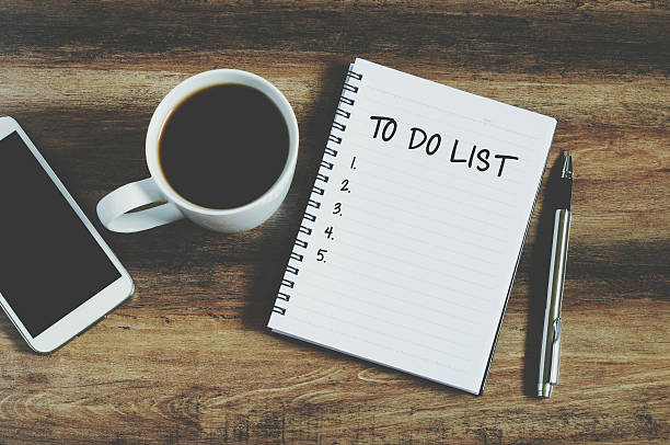 Top view of smart phone, coffee, pen and notepad Smart phone, coffee, pen and notepad with text " to do list", retro style to do list stock pictures, royalty-free photos & images