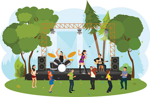 menschen tanzen im der stadt park im konzert. - wind instrument audio stock-grafiken, -clipart, -cartoons und -symbole