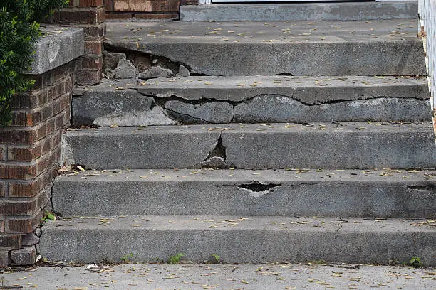 Short set of cement steps is cracked and broken and in need of repair