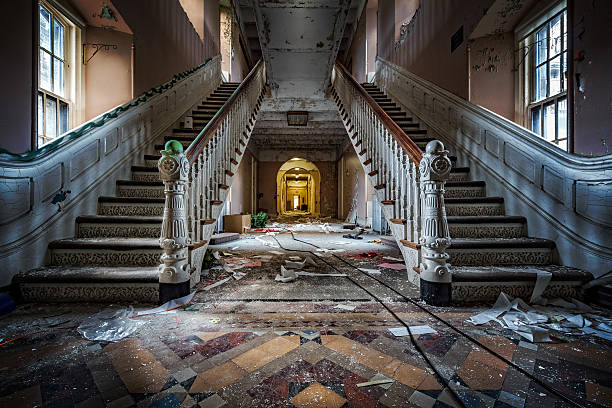 Abandoned psychiatric hospital Main entrance with symmetrical stairs of an abandoned psychiatric hospital (demolished in 2015) abandoned stock pictures, royalty-free photos & images