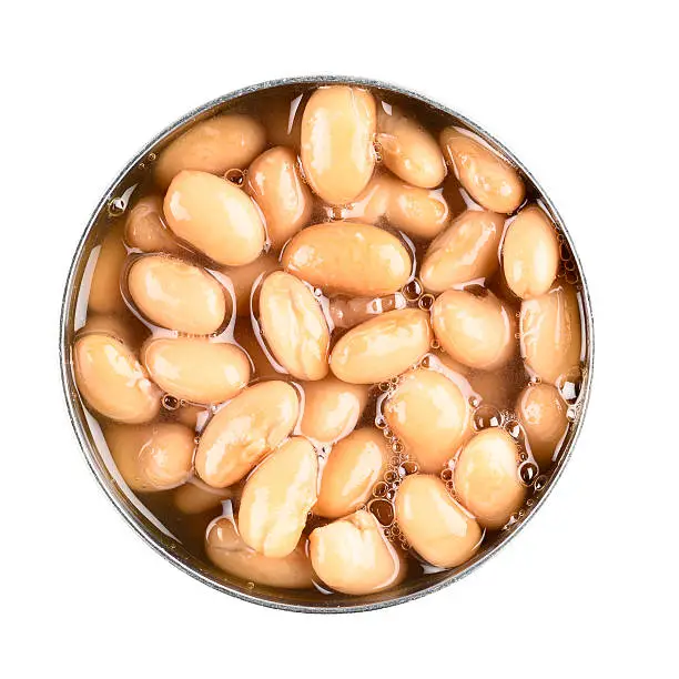Pinto beans in open can from directly above.