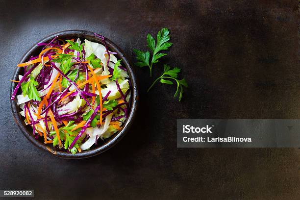 Fresh Vegetables Salad Purple Cabbage Lettuce Carrot Top View Stock Photo - Download Image Now