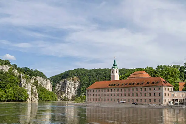 View from the opposite side of the Danube to the Weltenburg Abbey and the beginning of the Danube breakthrough