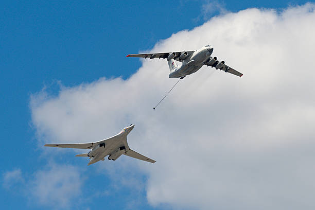 Simulation of in-flight refueling aircraft Il-78 and Tu-160 Moscow, Russia - May 07, 2016: Simulation of in-flight refueling aircraft Il-78 and Tu-160 during flying over Red Square. Dress rehearsal of the Victory Day parade on Red Square. tu160 stock pictures, royalty-free photos & images