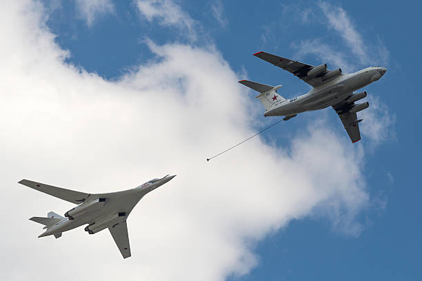 Simulation of in-flight refueling aircraft Il-78 and Tu-160 Moscow, Russia - May 07, 2016: Simulation of in-flight refueling aircraft Il-78 and Tu-160 during flying over Red Square. Dress rehearsal of the Victory Day parade on Red Square. tu160 stock pictures, royalty-free photos & images