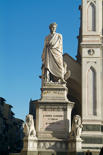Florence,Italy - December 30, 2008: Outdoor view of the famous Dante Alighieri statue placed at Piazza Santa Croce, Florence. Italy.